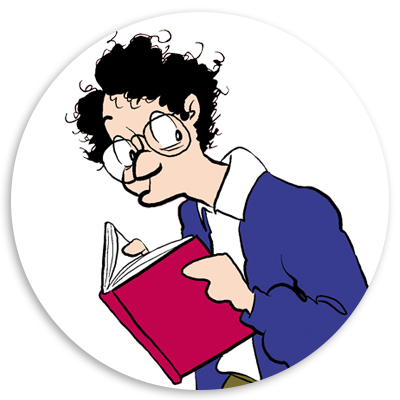 Illustration of a young man with curly hair and glasses, reading a pink book intently while wearing a blue sweater over a white shirt. The background is a simple circular design, emphasizing the character's engagement with the book.