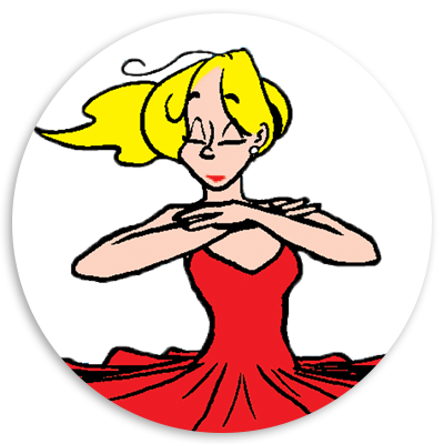 Animated illustration of a graceful dancer in a red dress, featuring blonde hair and a serene expression, set against a circular background.