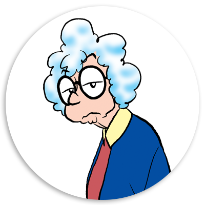 Cartoon character with curly blue hair and round glasses, wearing a colorful sweater and frowning expression, set against a circular white background.