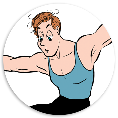 Illustration of a male gymnast performing an acrobatic move, showcasing muscular arms and focused expression, set against a circular background.