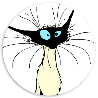 Cartoon illustration of a cat with large blue eyes and long whiskers, set against a circular background. The cat's distinctive black facial markings and playful expression create a whimsical character design.