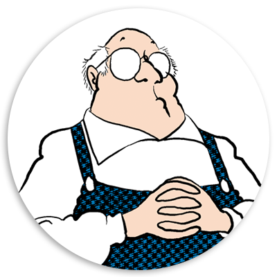 Cartoon illustration of an elderly man with glasses and suspenders, sitting with hands clasped, featuring a round white background.