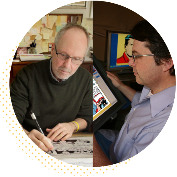 Two artists working on comic illustrations: one sketching on paper and the other using a digital tablet, showcasing the evolution of comic art techniques.