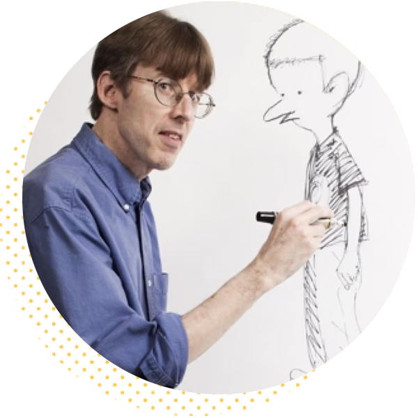 Illustrator creating a cartoon character sketch on a whiteboard, showcasing a young boy with a distinctive hairstyle and striped shirt, while holding a marker.