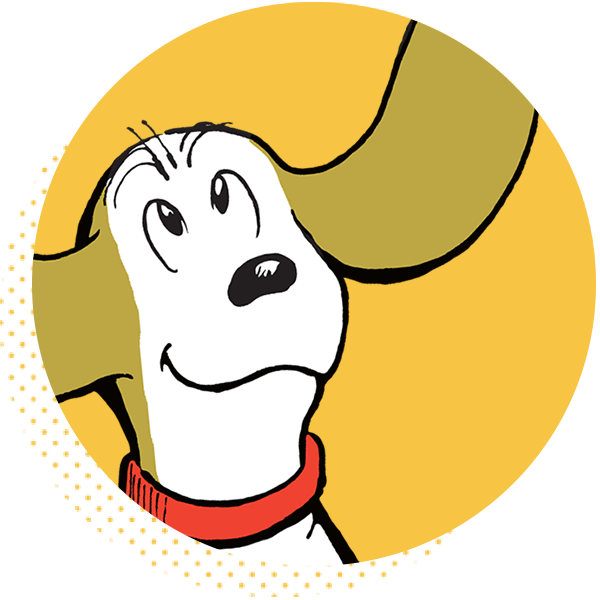 Cartoon dog character with large ears and a joyful expression, wearing a red collar against a bright yellow background. Ideal for pet lovers and children's content.