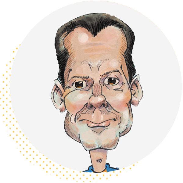 Caricature of a man with short dark hair, a slight smile, and prominent features, set against a circular background. Ideal for showcasing artistic illustration or character design.