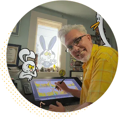 Illustrator working on a digital drawing tablet in a bright studio, surrounded by cartoon characters, including a rabbit and a duck. The window in the background shows a cartoon rabbit, adding a playful atmosphere to the creative space.