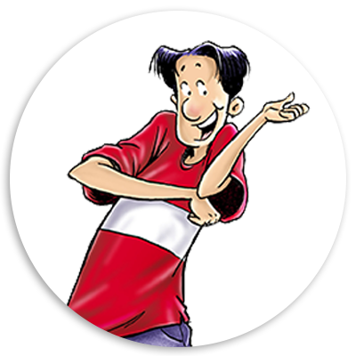 Cartoon character with a playful expression, wearing a red shirt with a white stripe, gesturing confidently.