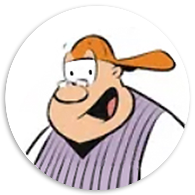 Cartoon character with a round face, wearing a purple striped shirt and an orange baseball cap, smiling and looking surprised.