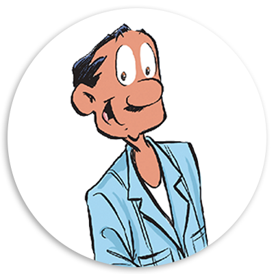 Cartoon character with a friendly expression, wearing a light blue jacket and smiling, set against a white circular background. Ideal for family-friendly content or animation themes.