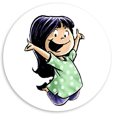 Cheerful cartoon girl with dark hair and a green polka dot shirt, joyfully jumping with outstretched arms against a white circular background.