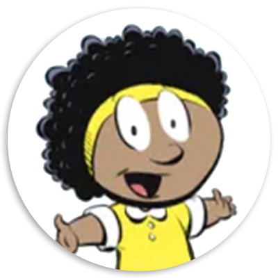 Cartoon character with curly black hair and a yellow headband, wearing a yellow shirt, smiling and gesturing with open arms.