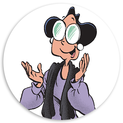 Cartoon character with large round glasses and a joyful expression, wearing a purple top and a black scarf, gesturing with hands.