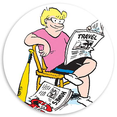 Cartoon character sitting on a chair reading a travel magazine, surrounded by newspapers on home topics and a baseball bat, conveying a relaxed and casual atmosphere.