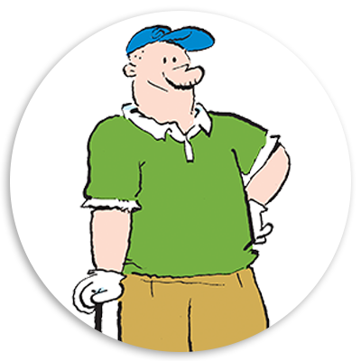 Cartoon character dressed in a green golf shirt and cap, standing confidently with a golf club in hand, representing a casual golfing theme.
