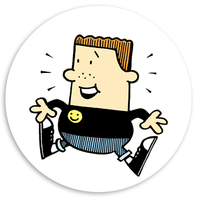 Cartoon character with a cheerful expression, wearing a black shirt with a smiley face and blue pants, jumping energetically against a white circular background.