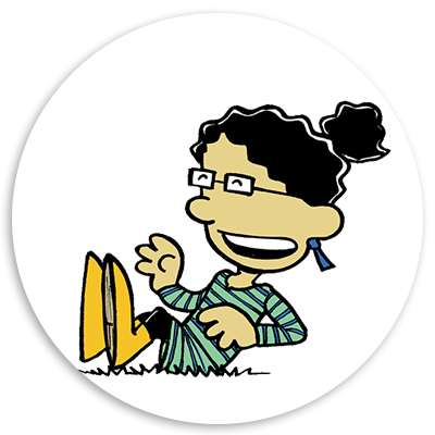 Cartoon character with curly hair and glasses, wearing a striped dress and yellow boots, sitting on the grass and smiling joyfully.