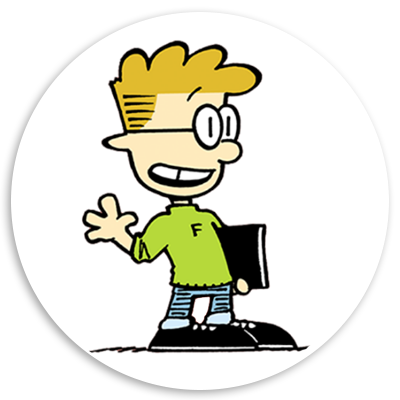 Cartoon character with glasses and spiky yellow hair, wearing a green shirt and blue jeans, smiling and waving while holding a black folder.