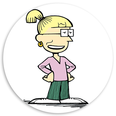 Cartoon character with glasses, blonde hair in a ponytail, wearing a pink top and green striped pants, standing confidently with hands on hips.