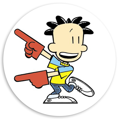 Cartoon character with spiky hair and a big smile, wearing a colorful outfit and oversized gloves, striking a dynamic pose with arms pointing in opposite directions.