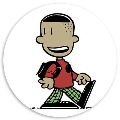 Cartoon character of a young boy with a backpack, wearing a red shirt and green plaid pants, smiling while walking. The character is depicted in a circular frame, emphasizing a playful and cheerful vibe.