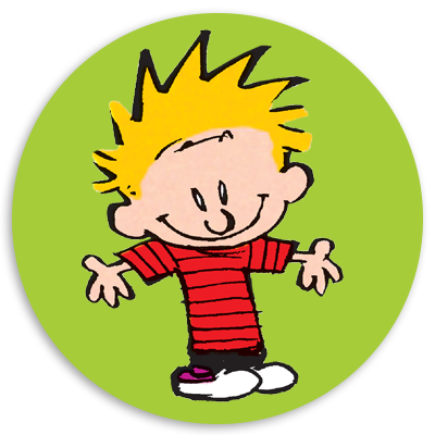 Cartoon character with spiky yellow hair and a red striped shirt, smiling with arms outstretched against a green background.