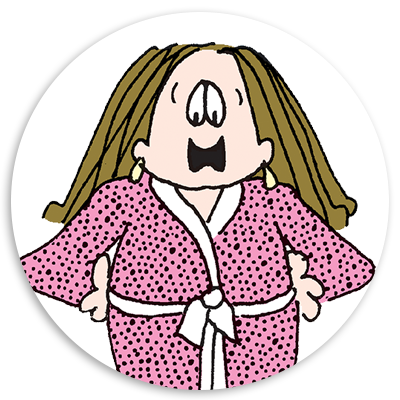 Cartoon character with long brown hair wearing a pink polka dot robe, smiling and standing with hands on hips, set against a circular white background.