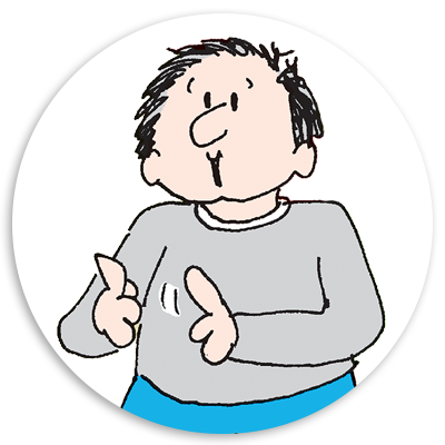 Cartoon illustration of a man with short hair wearing a gray long-sleeve shirt and blue pants, gesturing with his hands in a playful manner, set against a circular white background.