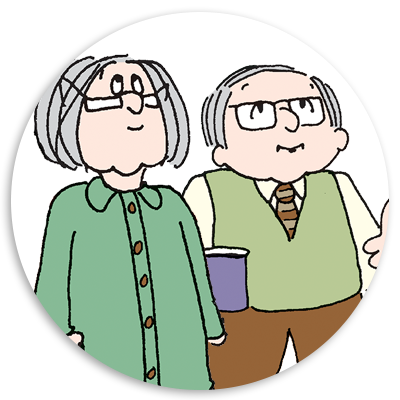 Cartoon illustration of an elderly couple, with the woman wearing a green cardigan and glasses, and the man in a light green vest and tie, smiling and looking up.