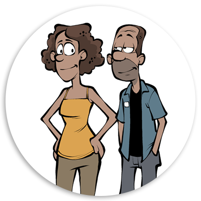 Cartoon illustration of a woman with curly hair wearing a yellow top and a man with a mustache in a blue shirt, both standing side by side with neutral expressions against a white background.