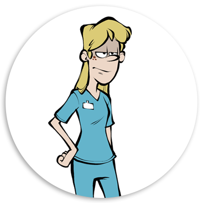 Cartoon character in scrubs with a skeptical expression, representing a healthcare professional in a humorous context.