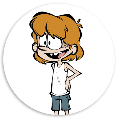 Cartoon character with messy orange hair, wearing a white tank top and blue shorts, smiling with a playful expression, set against a circular white background.