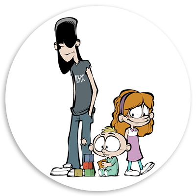 Cartoon illustration of three children: a tall, lanky boy in a black band t-shirt, a younger boy sitting on the floor playing with colorful blocks, and a girl with wavy hair wearing a pink dress, all smiling and engaging with each other.
