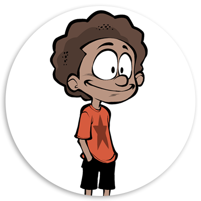 Cartoon character with curly hair wearing an orange shirt with a star and black shorts, smiling and standing with hands in pockets against a white circular background.