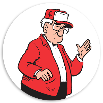 Illustration of an elderly man wearing a red jacket and cap, gesturing with his right hand. The character has glasses and a friendly expression, set against a circular background.