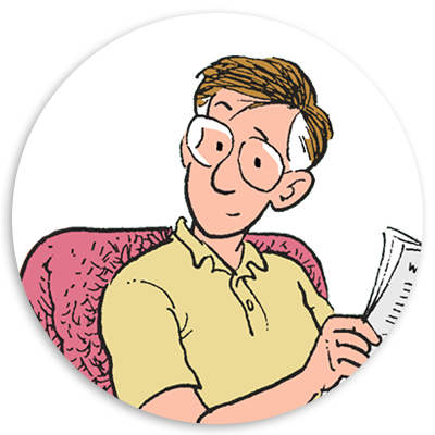 Illustration of a middle-aged man with glasses sitting in a pink armchair, holding a piece of paper and smiling. He is wearing a light yellow shirt and has short, brown hair. The background is circular and white, emphasizing the character.