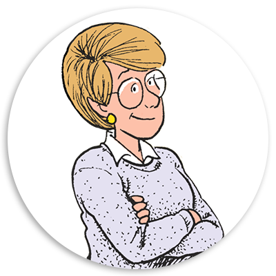 Illustration of a confident woman with short blonde hair, wearing glasses and a light sweater, standing with her arms crossed against a white circular background.