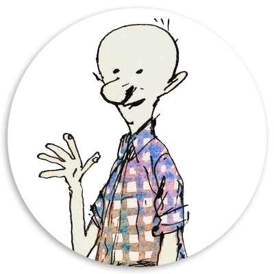 Illustration of a bald cartoon character with a friendly expression, wearing a colorful checkered shirt and waving. The character has exaggerated features and a whimsical style, set against a circular white background.