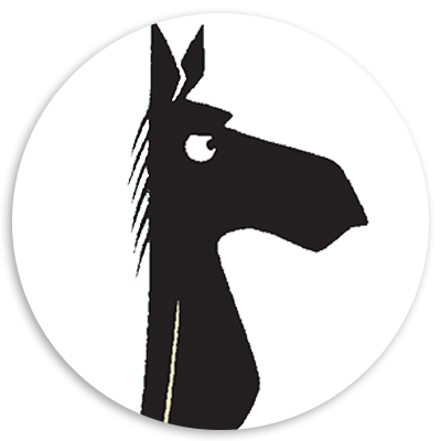Black silhouette of a horse's head in profile against a white circular background, showcasing distinctive features like the mane and expressive eye.
