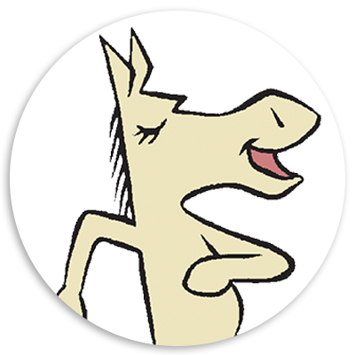 Cartoon illustration of a cheerful horse character with a playful expression, showcased in a circular frame. The horse has a light cream color, with a raised arm and a smiling mouth, conveying a sense of joy and friendliness.