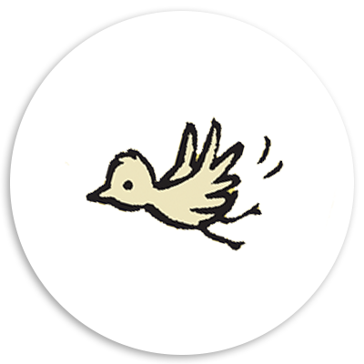 Illustration of a small, cartoon-style bird in flight with wings spread, set against a white circular background.