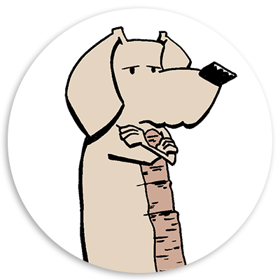 Cartoon dog character with a neutral expression, crossing its arms, set against a circular white background.