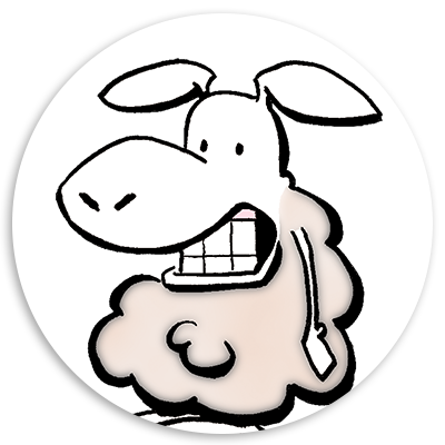 Cartoon sheep character with a big grin, featuring a fluffy body and a playful expression, set against a circular background.
