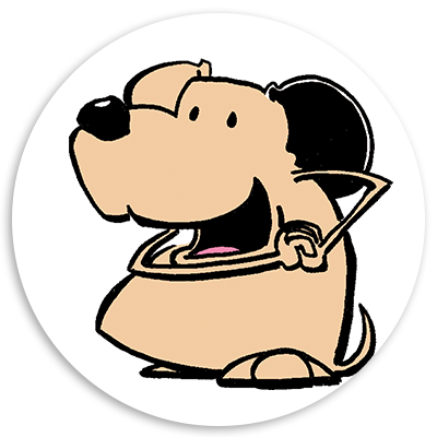 Cartoon illustration of a cheerful, light brown dog with a black ear, smiling and standing with its front paws raised, set against a circular white background.