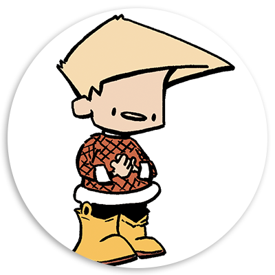 Cartoon character with blonde hair and a red sweater, wearing yellow boots, standing with hands clasped in a thoughtful pose.