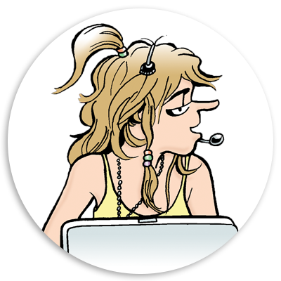 Illustration of a young woman with long, wavy hair wearing a headset, sitting in front of a laptop, looking slightly to the side. The character has a casual style, with a yellow tank top and accessories, suggesting a relaxed yet engaged demeanor, possibly in a work or gaming environment.