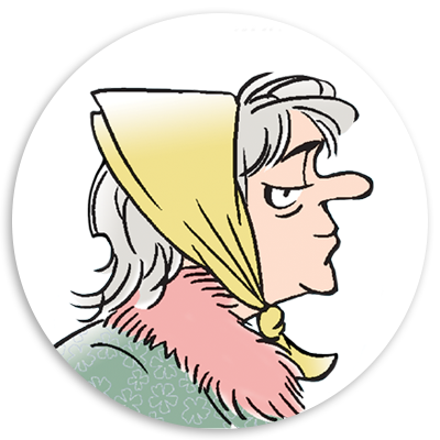 Illustration of a middle-aged woman with gray hair wearing a yellow headscarf and a pink fur collar, depicted in profile against a circular background.