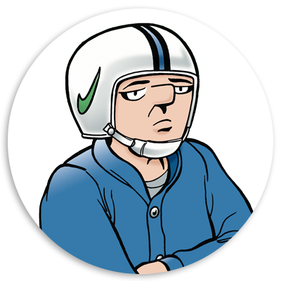 Cartoon character wearing a white helmet with a green Nike logo, dressed in a blue jacket, and displaying a neutral expression. The circular background emphasizes the character's attire and helmet.
