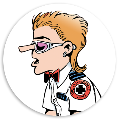 Cartoon character with a mullet hairstyle, wearing glasses, a white shirt with a red bow tie, and a badge that reads 