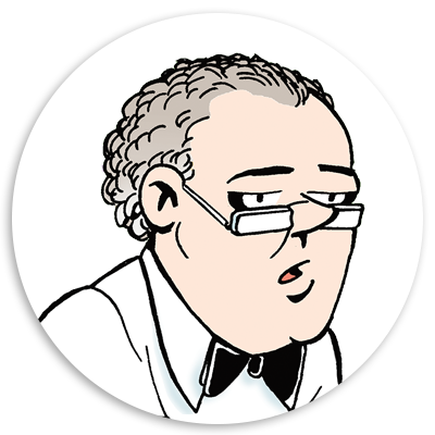 Cartoon illustration of a waiter with curly hair and glasses, wearing a white shirt and black bow tie, looking slightly disinterested.